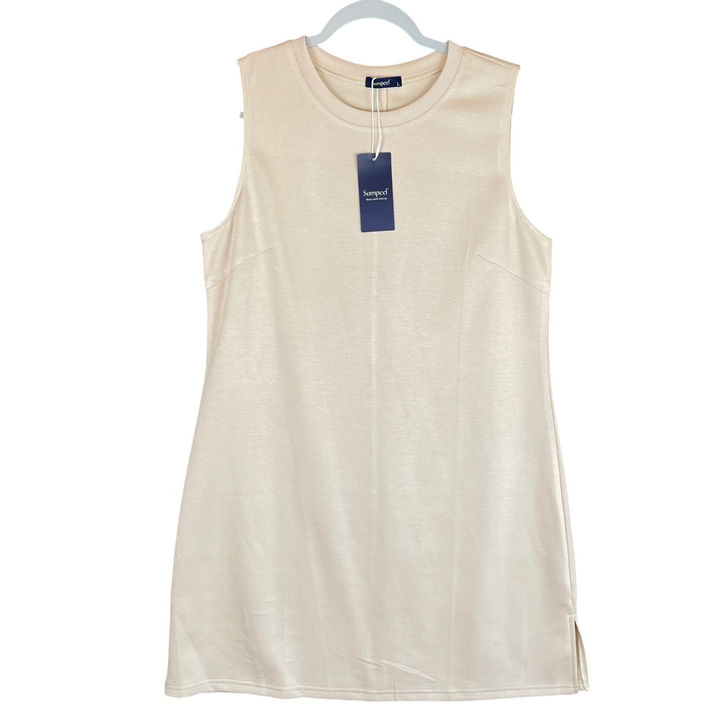Sampeel Womens Sleeveless Mini Dress Beige Tan Crew Neck Shift Size L NWT